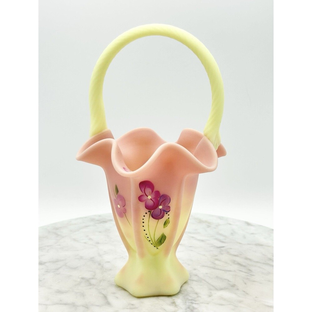 Fenton Hand-Painted Burmese Uranium Glass Basket Ruffled Edge Signed Glows